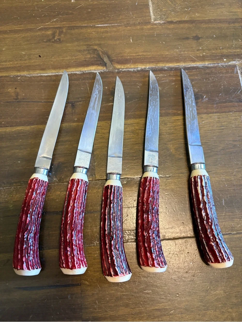 Vintage Steak Knives Japan Faux Antlers Horn Grooved Oxblood Red Stag MCM Retro